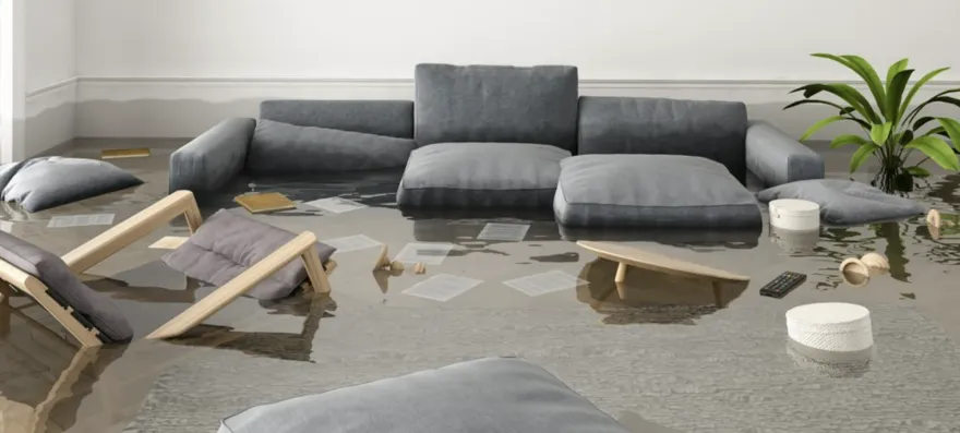 Illustration of a living room under floodwater, cushions and furniture afloat
